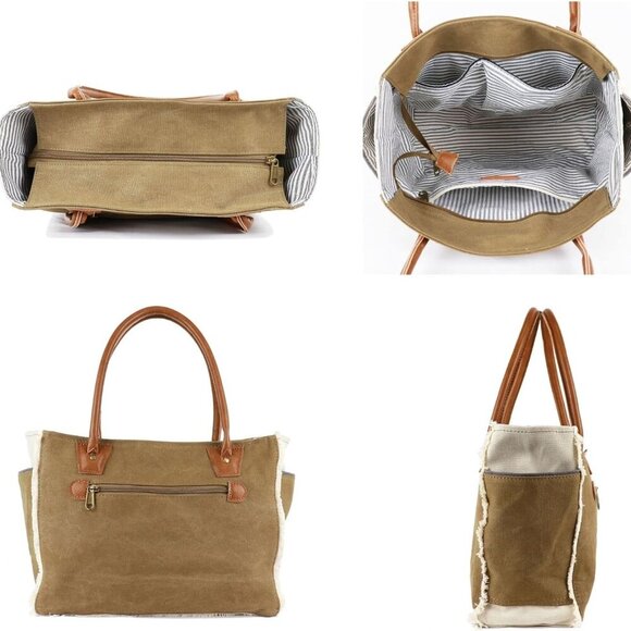 Sel De Mer Canvas HandBag Upcycled Canvas Vegan Leather Tote Bag, Large Brown - Picture 4 of 6